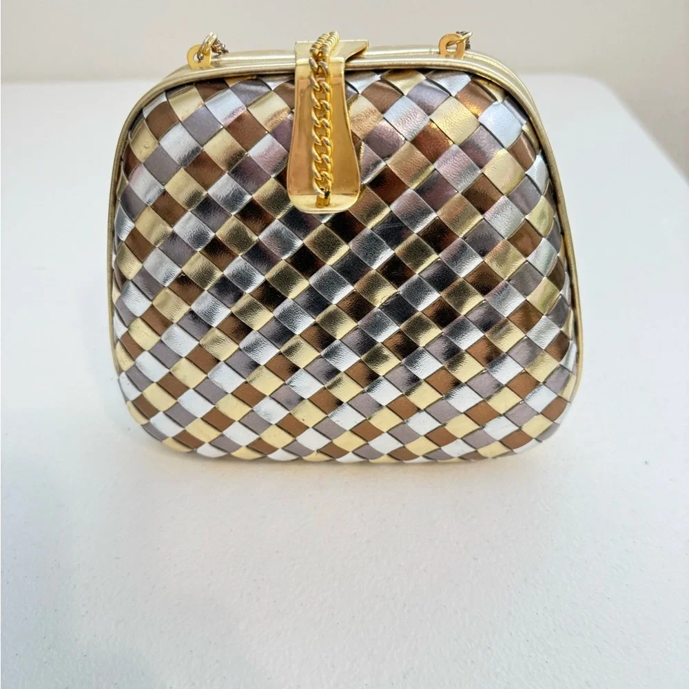 Gold and Silver Woven Metallic Chain Shoulder Bag